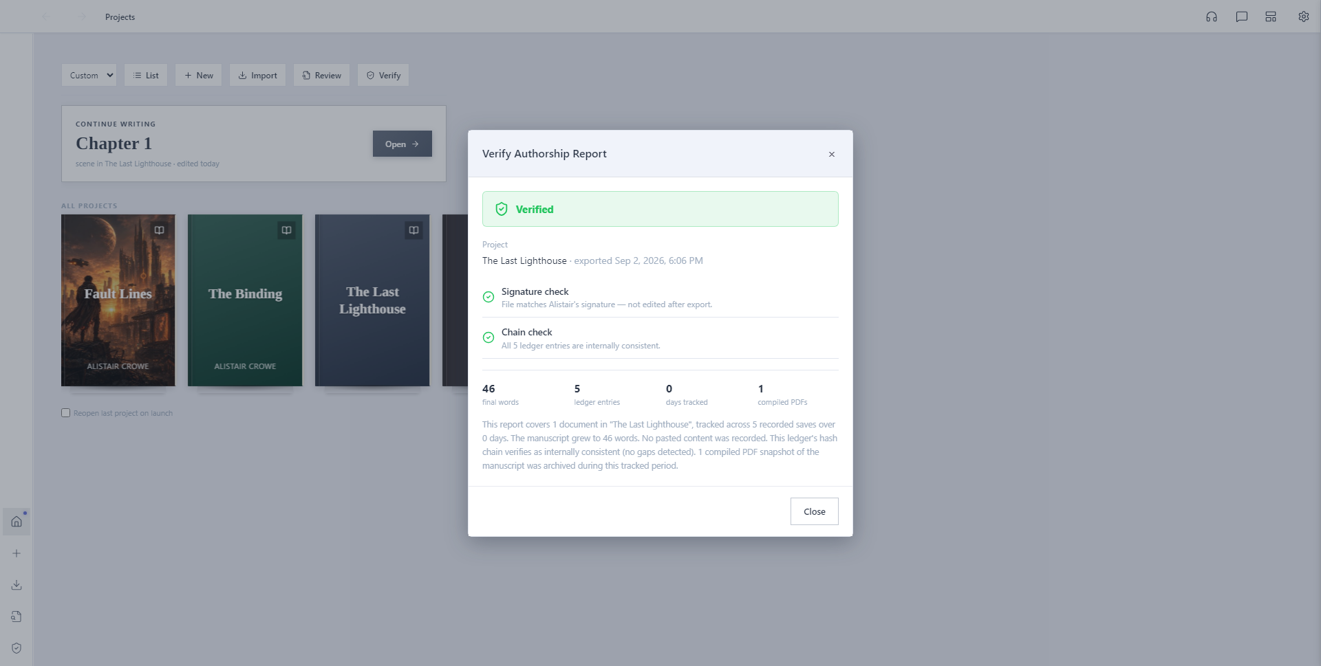 The in-app Verify Authorship Report result, showing a green Verified status, signature and chain checks, and stats including final words, ledger entries, days tracked, and compiled PDFs