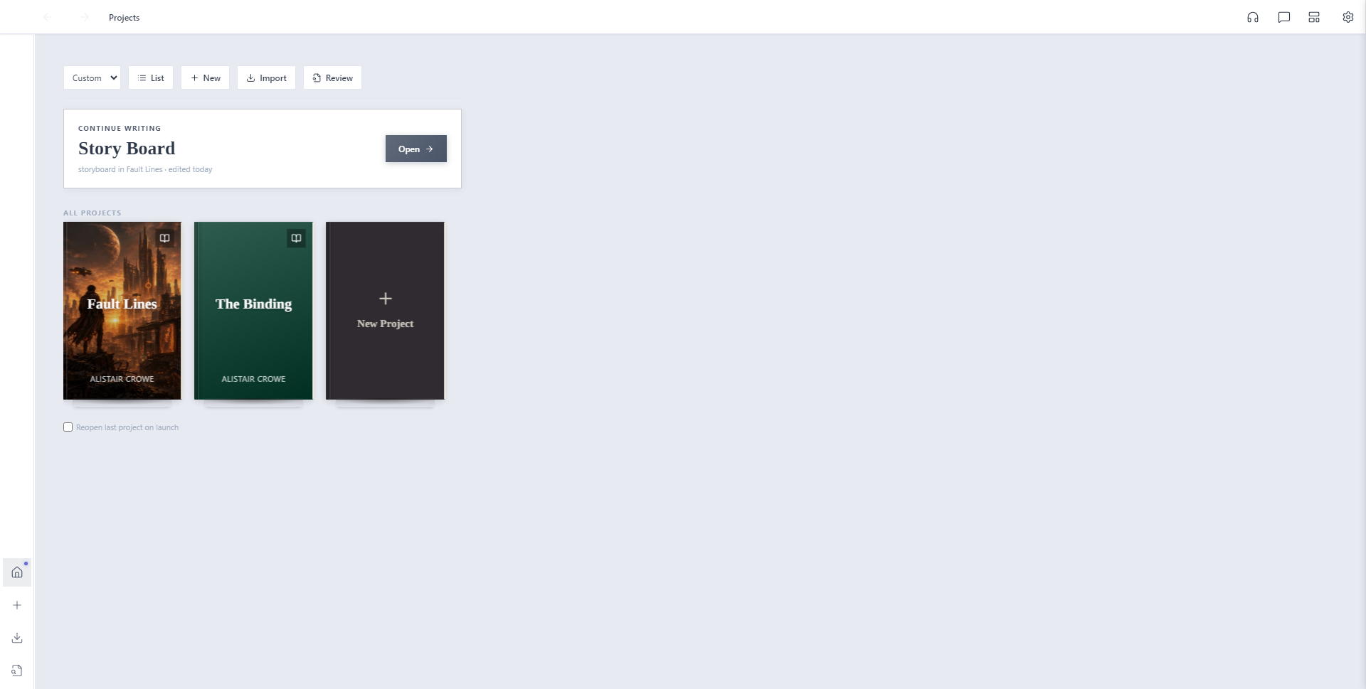 Alistair welcome screen with the New Project button in the top toolbar