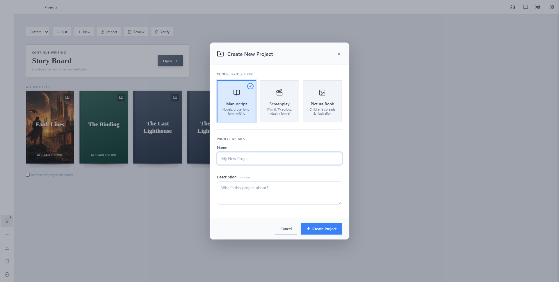Create New Project modal showing Manuscript, Screenplay, and Picture Book project type cards