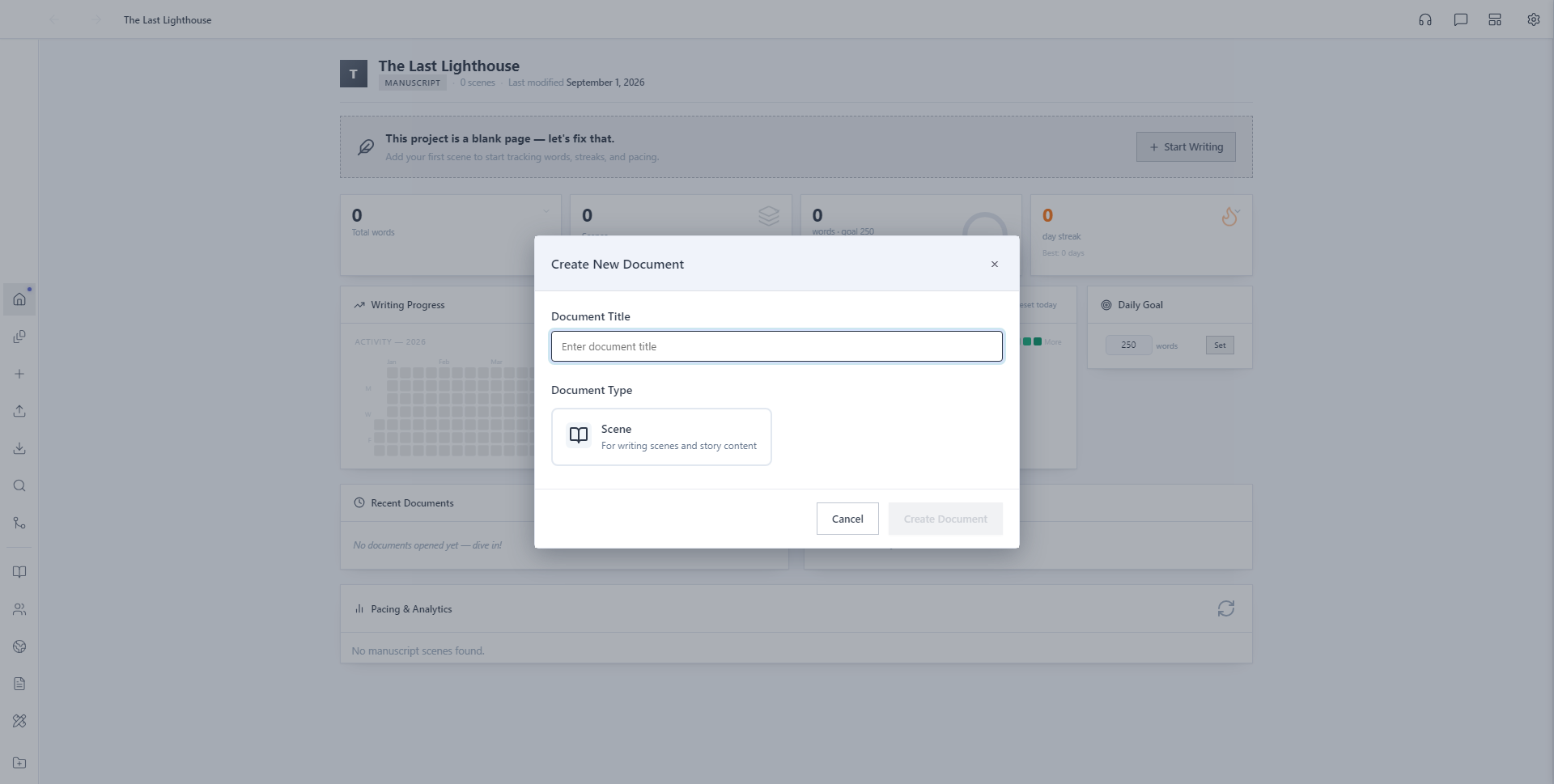 Create New Document modal with the Scene document type available