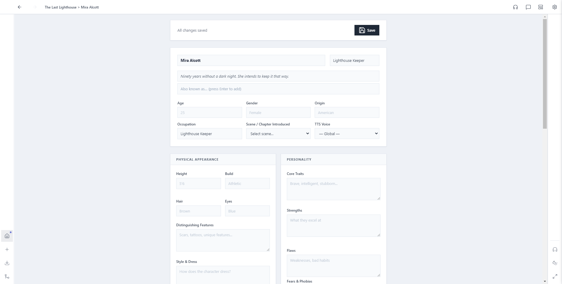 Character sheet for Mira Alcott showing Name, Role, and Tagline fields filled in