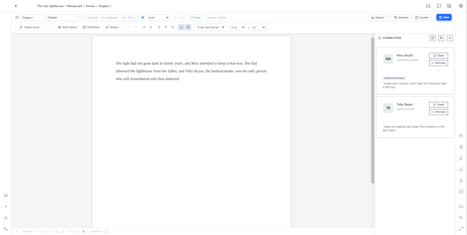 Scene editor with the Characters inspector panel open, showing Mira Alcott and Toby Reyes