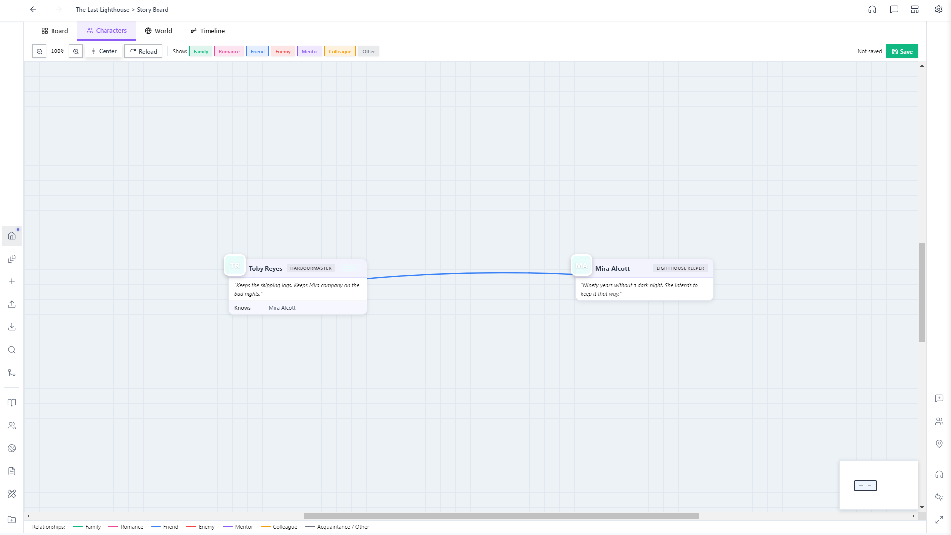 Character Map showing Mira Alcott and Toby Reyes connected by a blue Friend relationship line