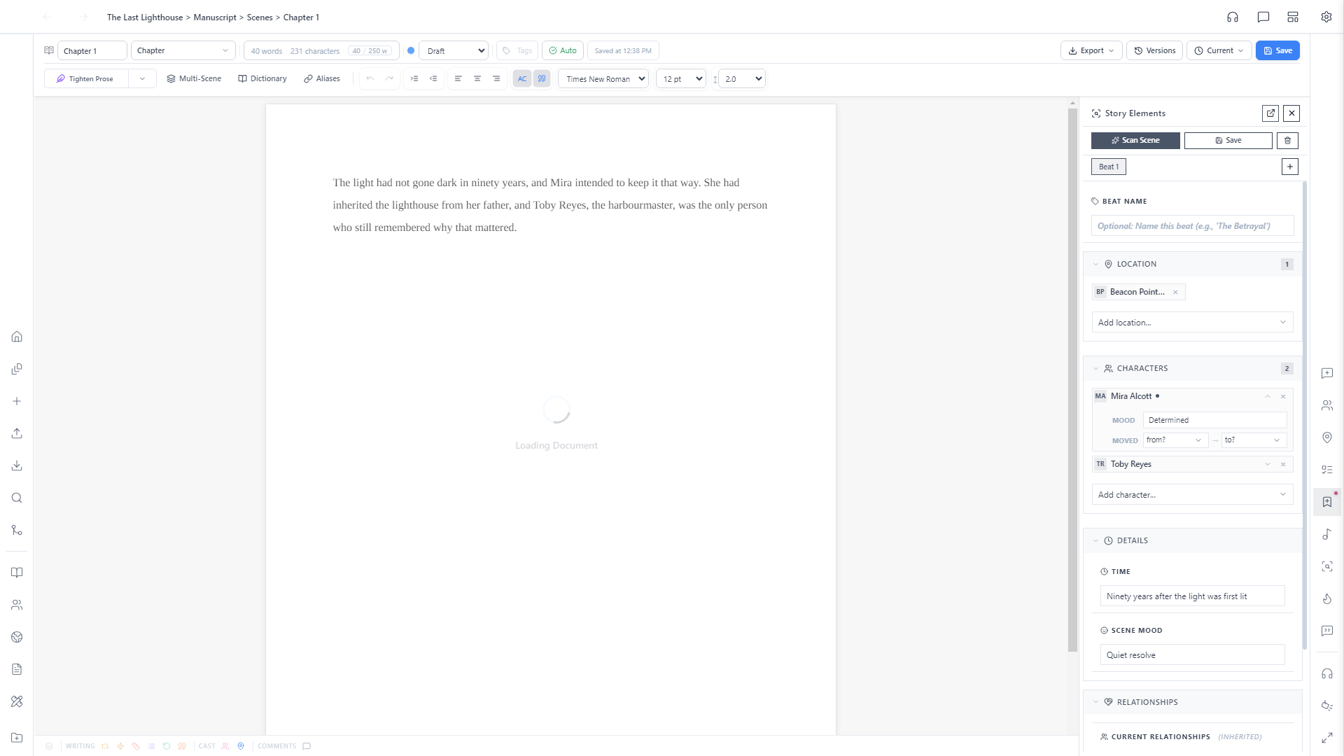 Story Elements panel open on Chapter 1, with empty Location, Characters, Time, and Scene Mood fields