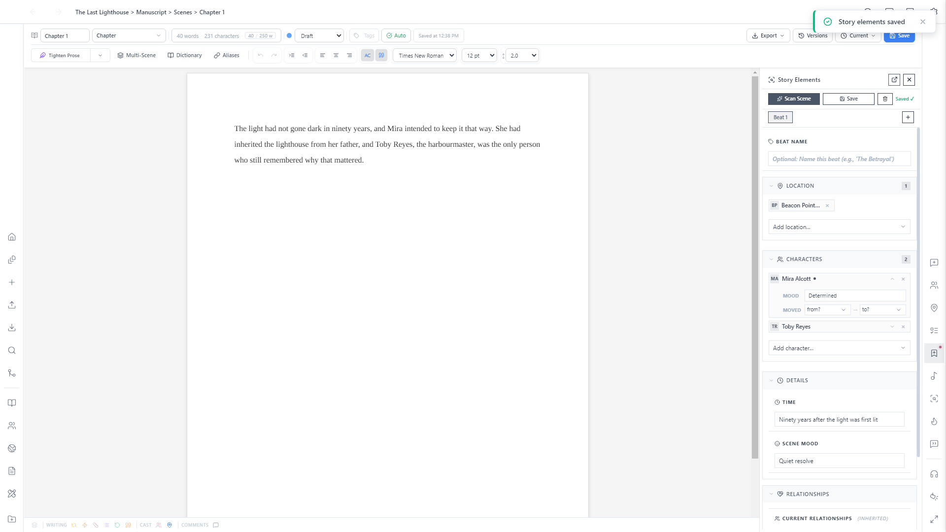 Story Elements panel filled in for Chapter 1: Beacon Point Lighthouse as the location, Mira Alcott and Toby Reyes as characters with a mood set, and Time and Scene Mood fields completed