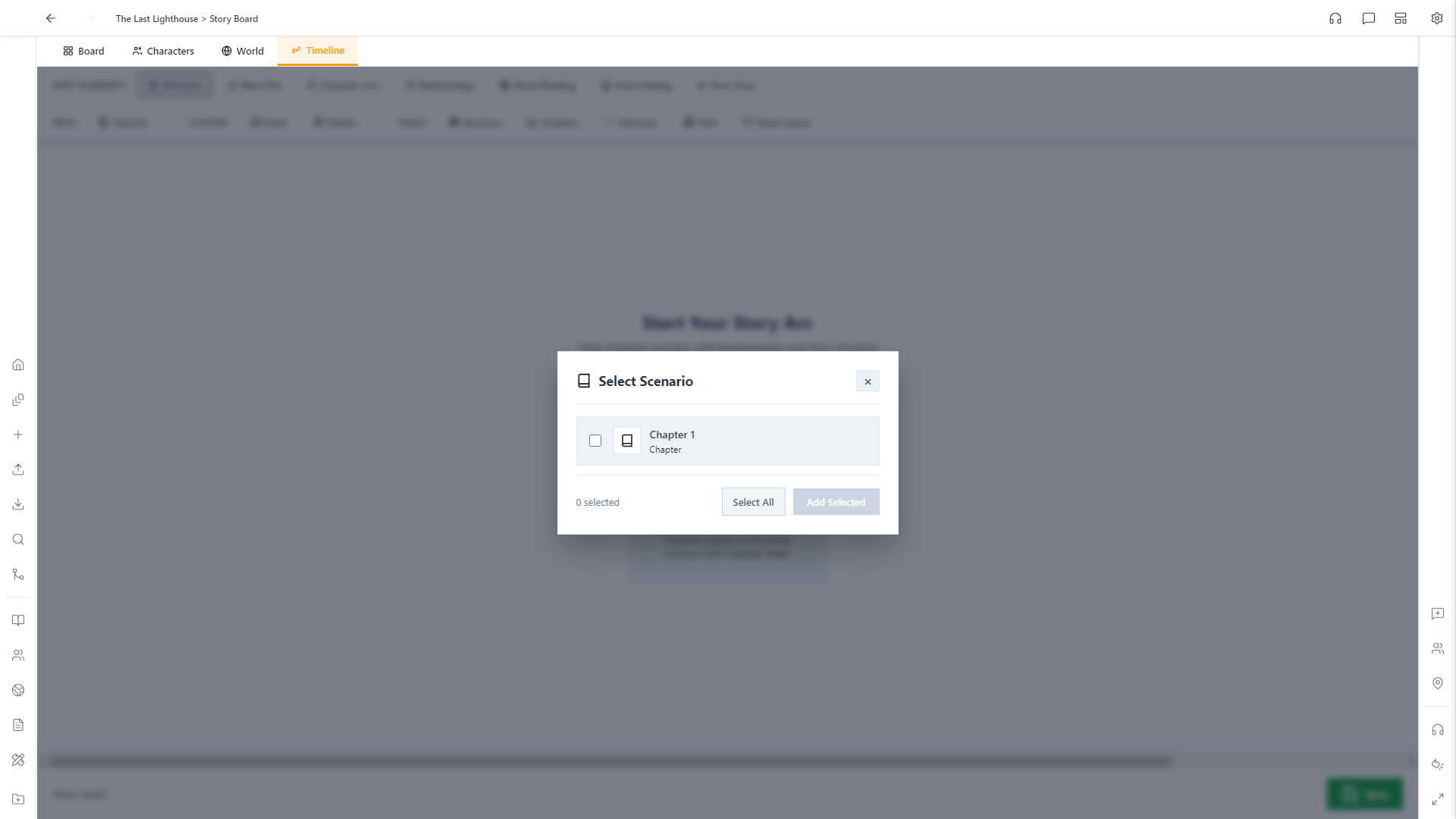 Select Scenario dialog on the empty Story Arc timeline, with Chapter 1 available to add