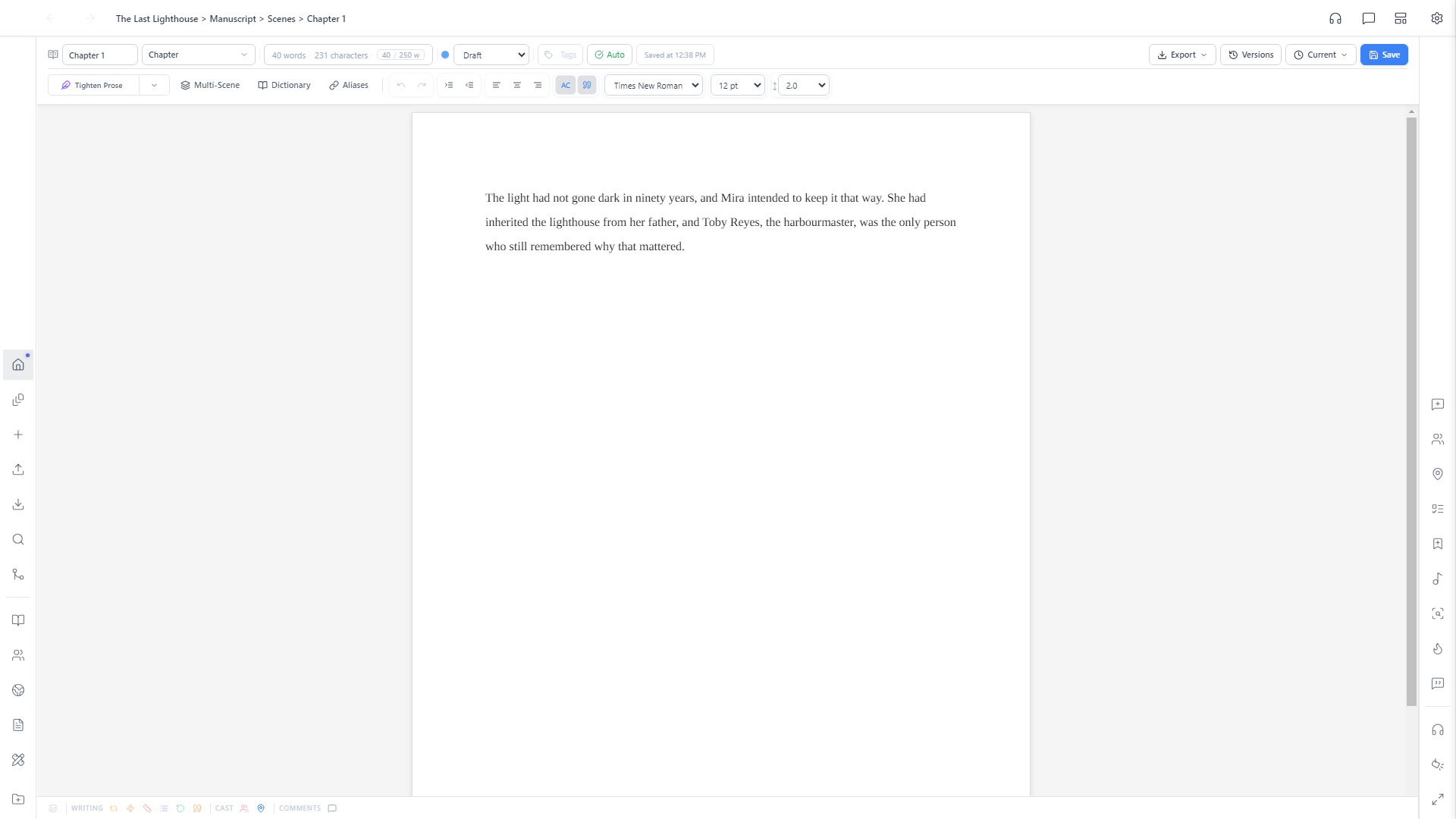 Chapter 1 open in the scene editor, showing the full document toolbar and formatting toolbar above the page