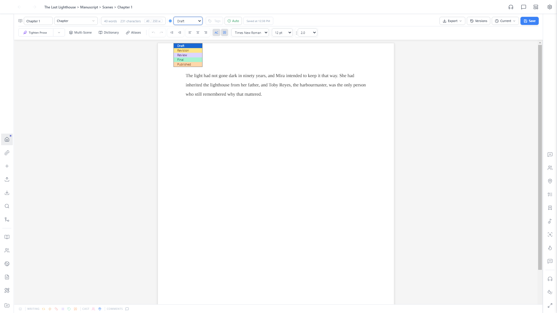 Status dropdown open, showing Draft, Revision, Review, Final, and Published options