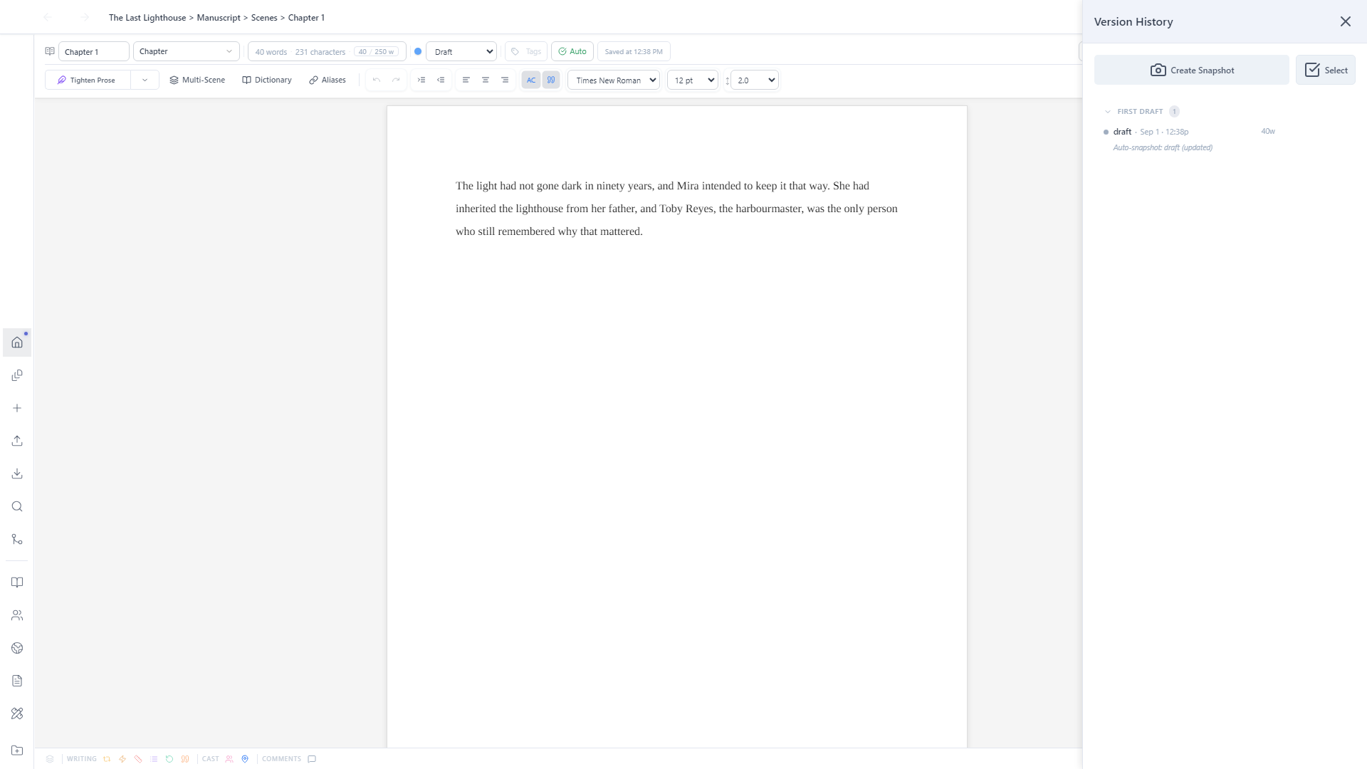 Version History panel open, showing an auto-snapshot for Chapter 1 with word count and timestamp
