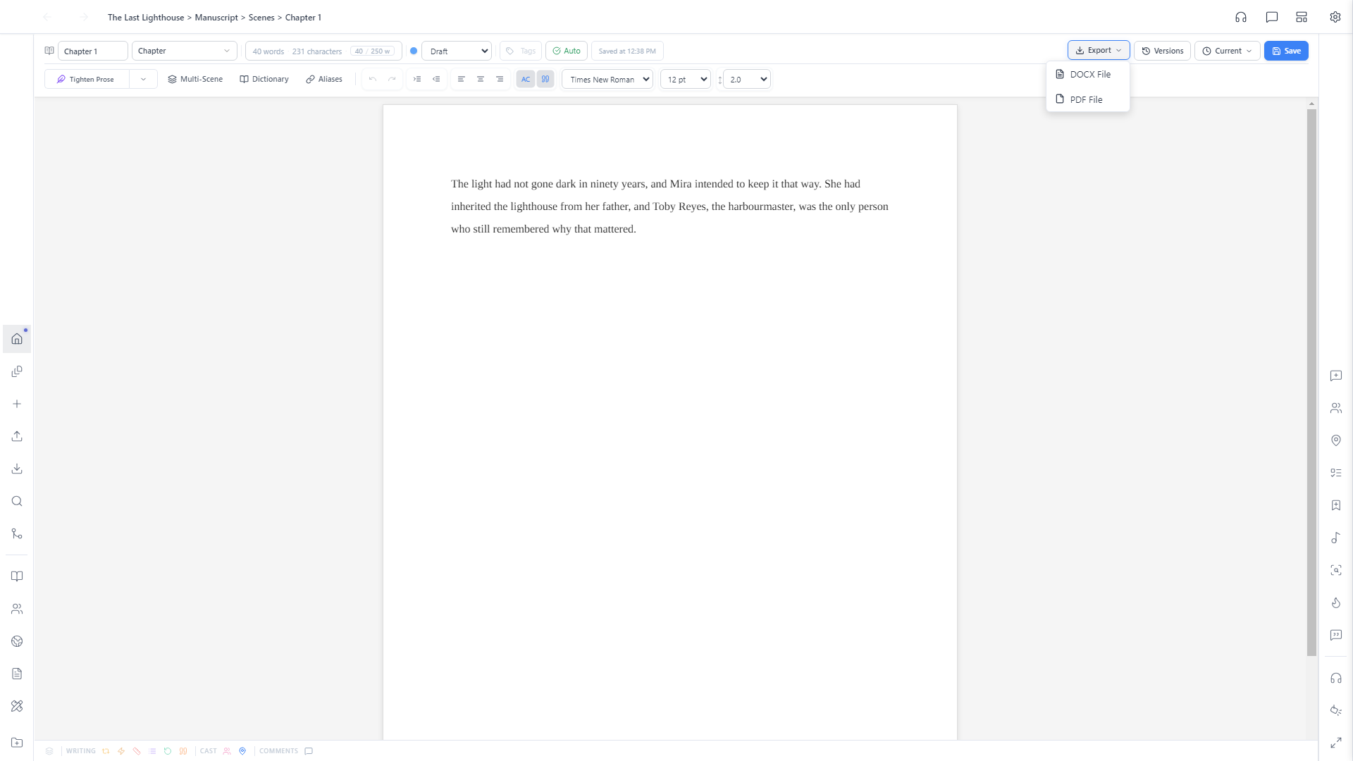 Export dropdown open on Chapter 1, showing DOCX File and PDF File options