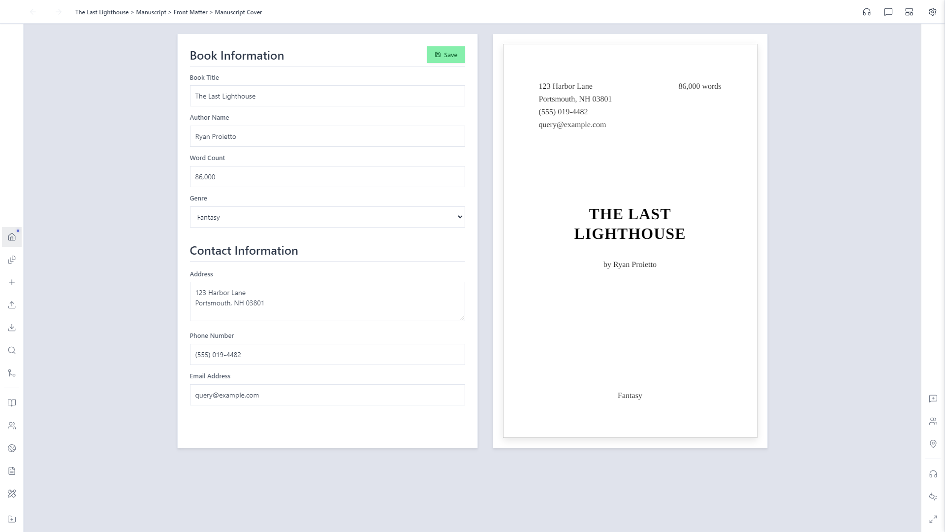 Manuscript Cover form filled in with title, author, word count, genre, and contact information, with a live title page preview on the right