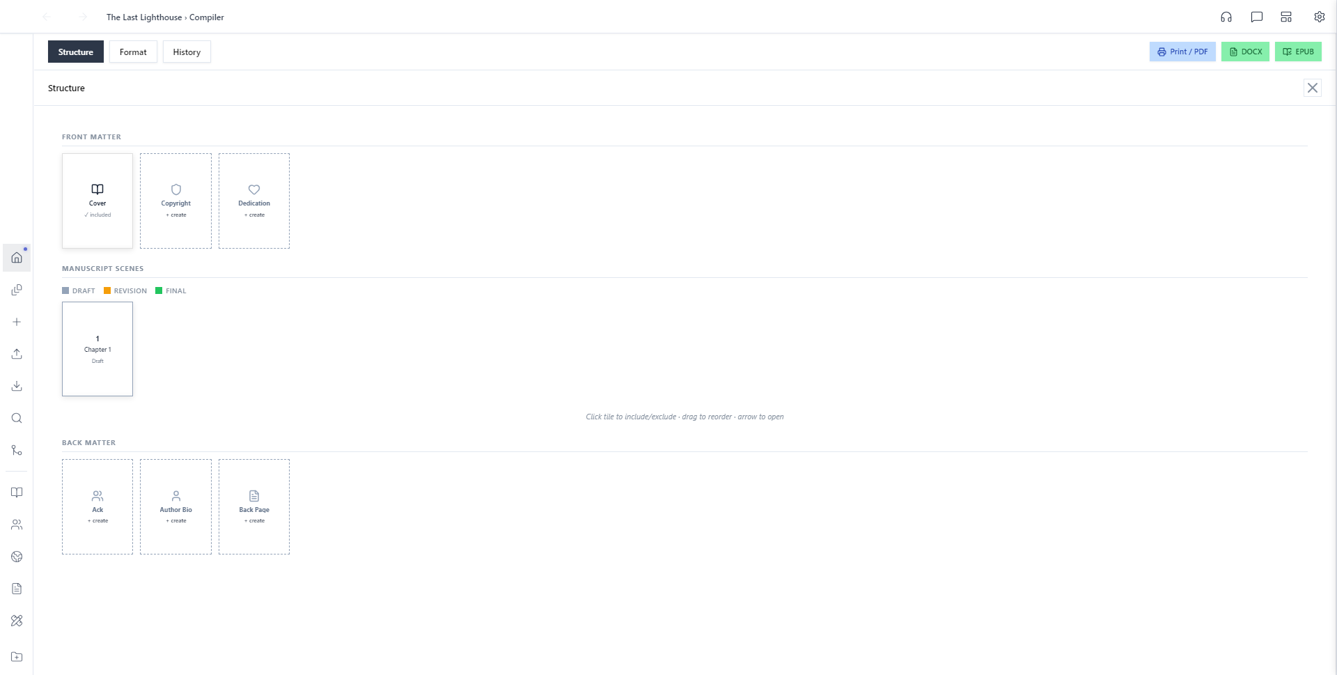 Compiler Structure tab showing Front Matter (Cover included), Manuscript Scenes (Chapter 1, Draft), and Back Matter tiles