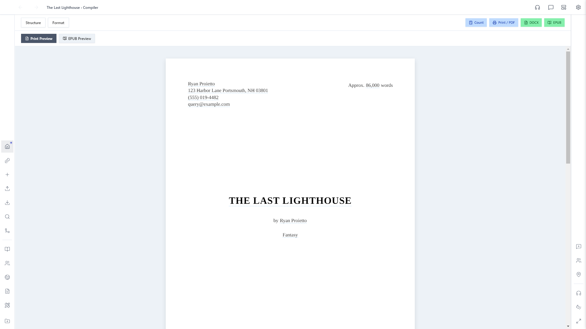 Compiler Print Preview showing the compiled title page for The Last Lighthouse with contact info, title, author, and genre