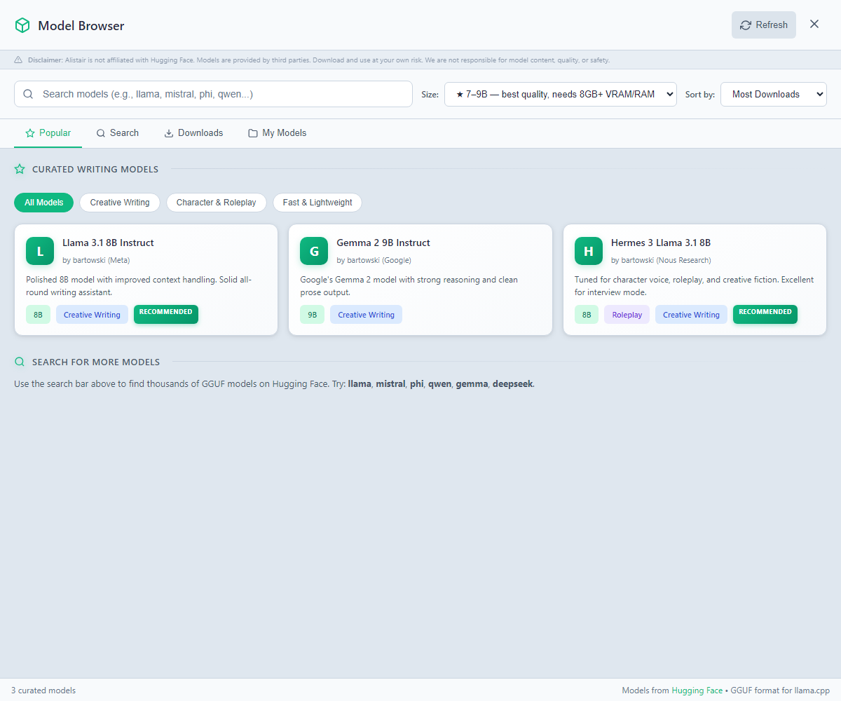 Model Browser showing curated writing models: Llama 3.1 8B Instruct, Gemma 2 9B Instruct, and Hermes 3 Llama 3.1 8B, with a size filter and search bar