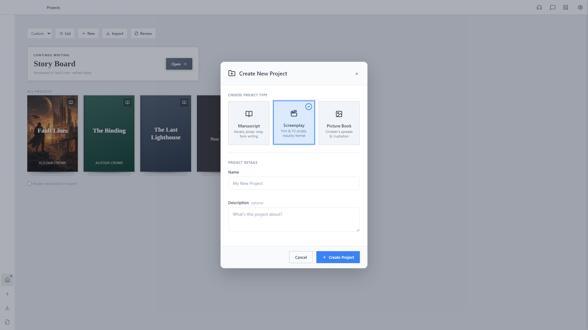 Create New Project modal with the Screenplay project type card selected