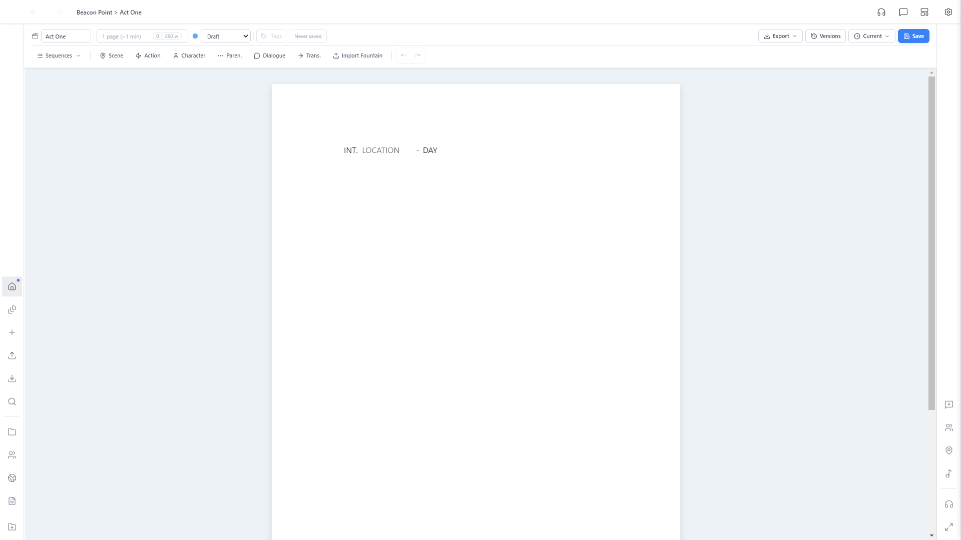 Empty screenplay editor showing the element-type toolbar (Scene, Action, Character, Paren., Dialogue, Trans.) above a blank scene heading