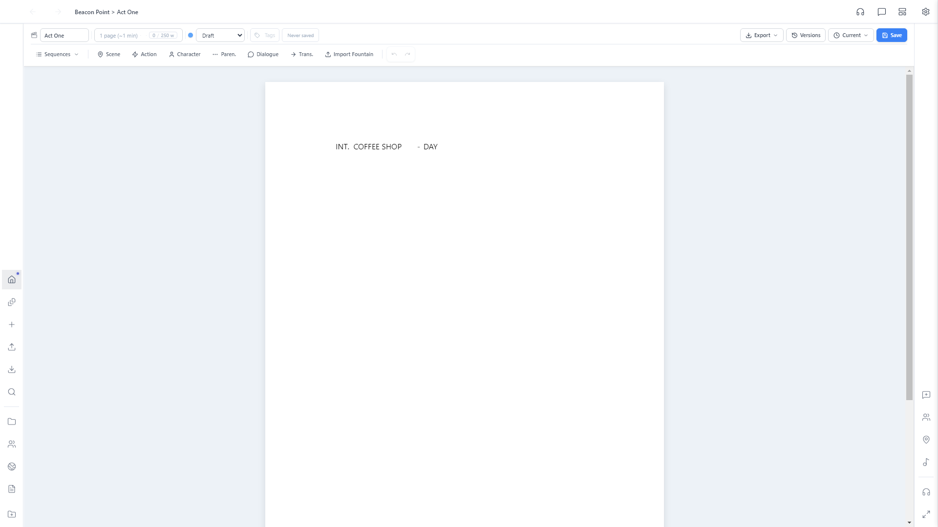 Composed scene heading reading INT. COFFEE SHOP - DAY