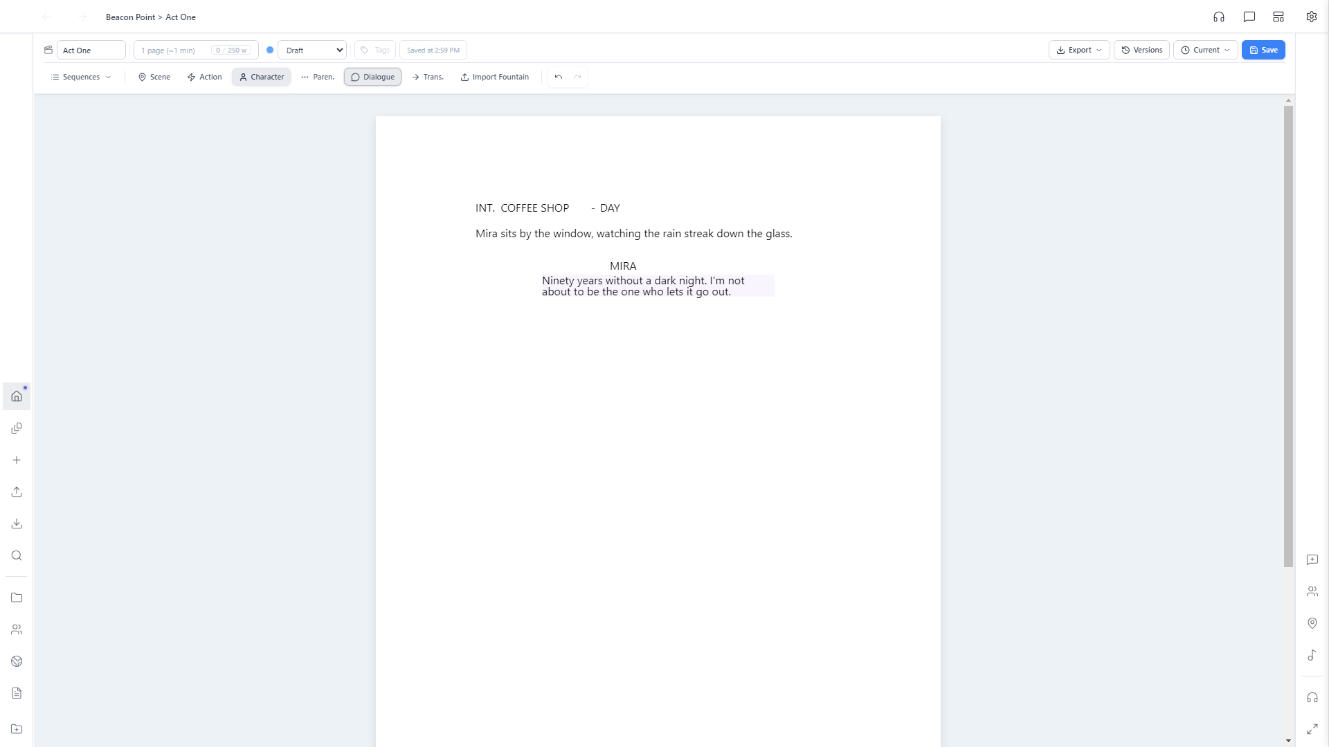 Fully formatted screenplay scene: scene heading, action line, character cue MIRA, and indented dialogue