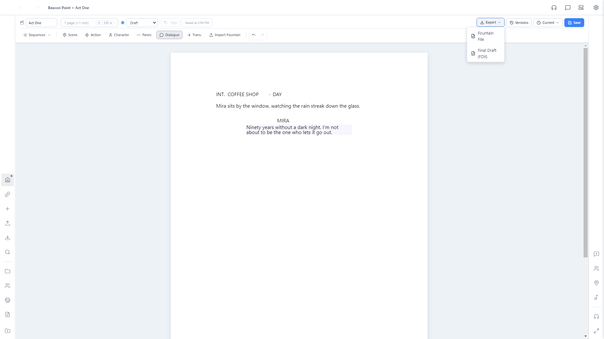 Export dropdown showing Fountain File and Final Draft (FDX) options