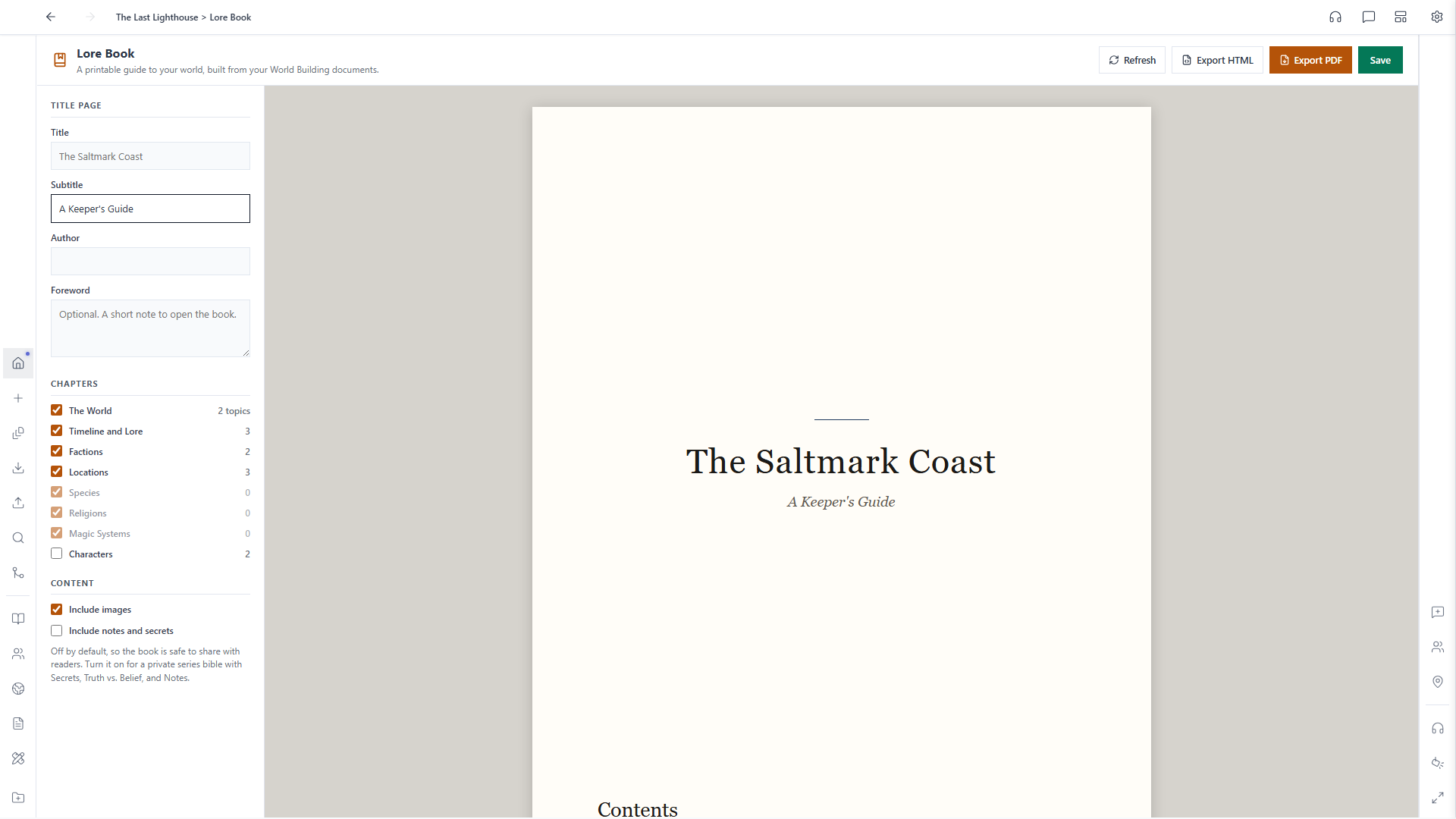 Lore Book editor with title page settings and chapter toggles on the left and a title page reading The Saltmark Coast, A Keeper's Guide, in the preview