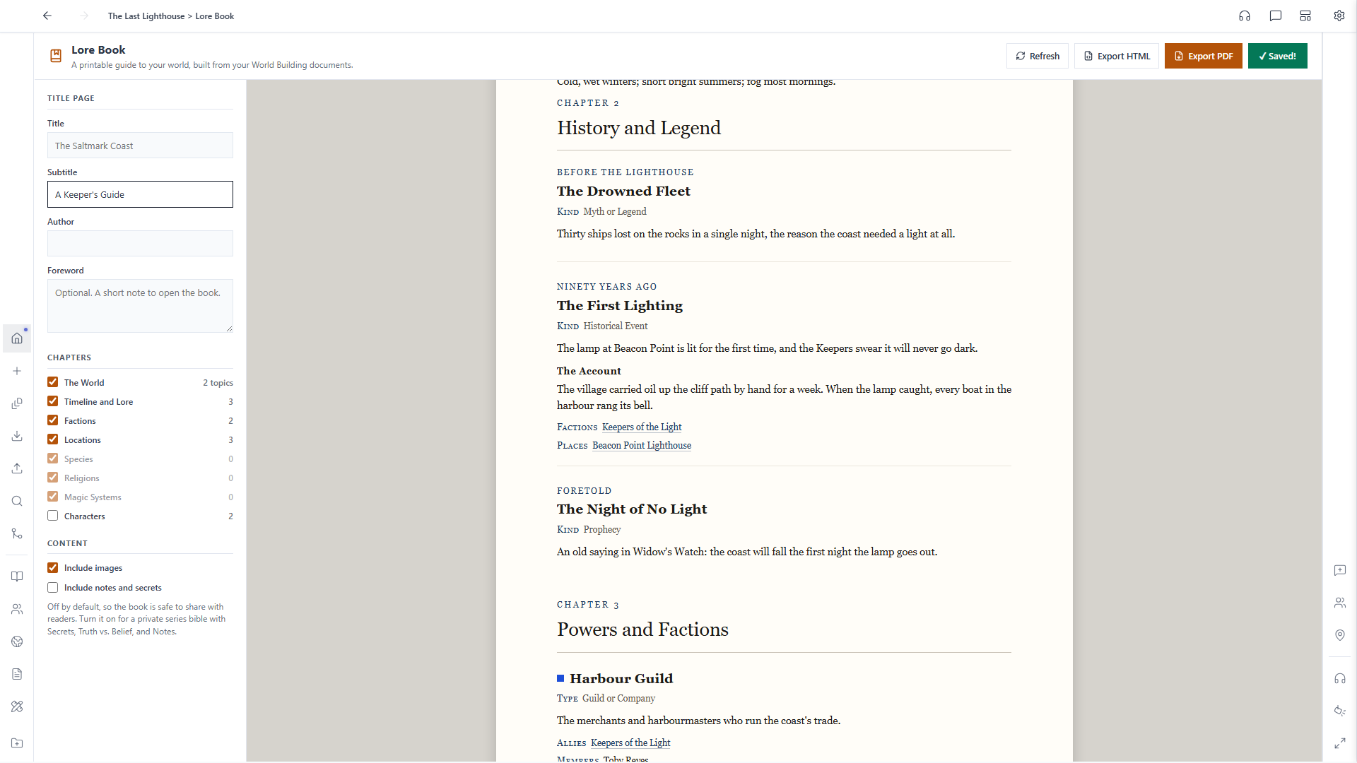 Lore Book preview showing the History and Legend chapter with three dated entries and linked Factions and Places