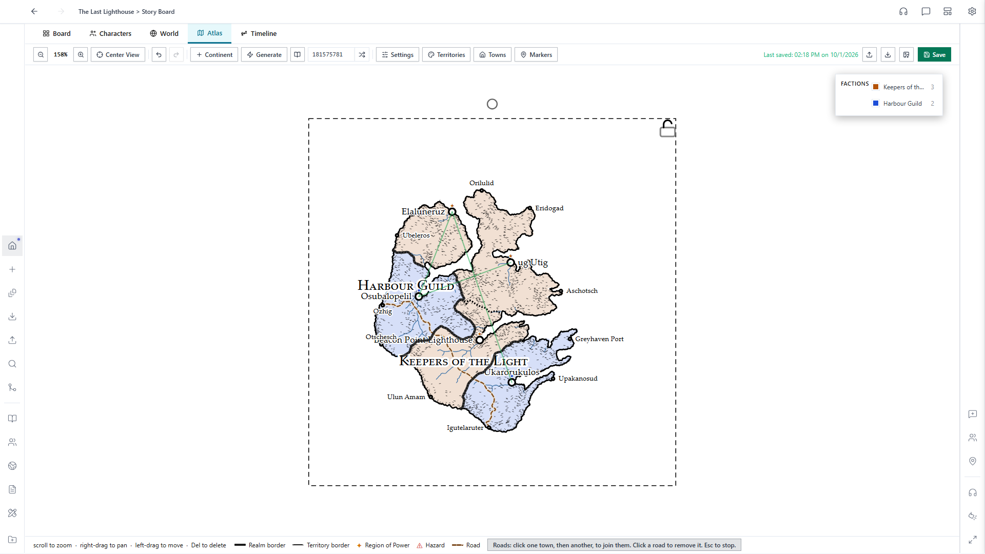 Atlas with a brown dashed road winding between two towns, and the road tool hint at the bottom of the window