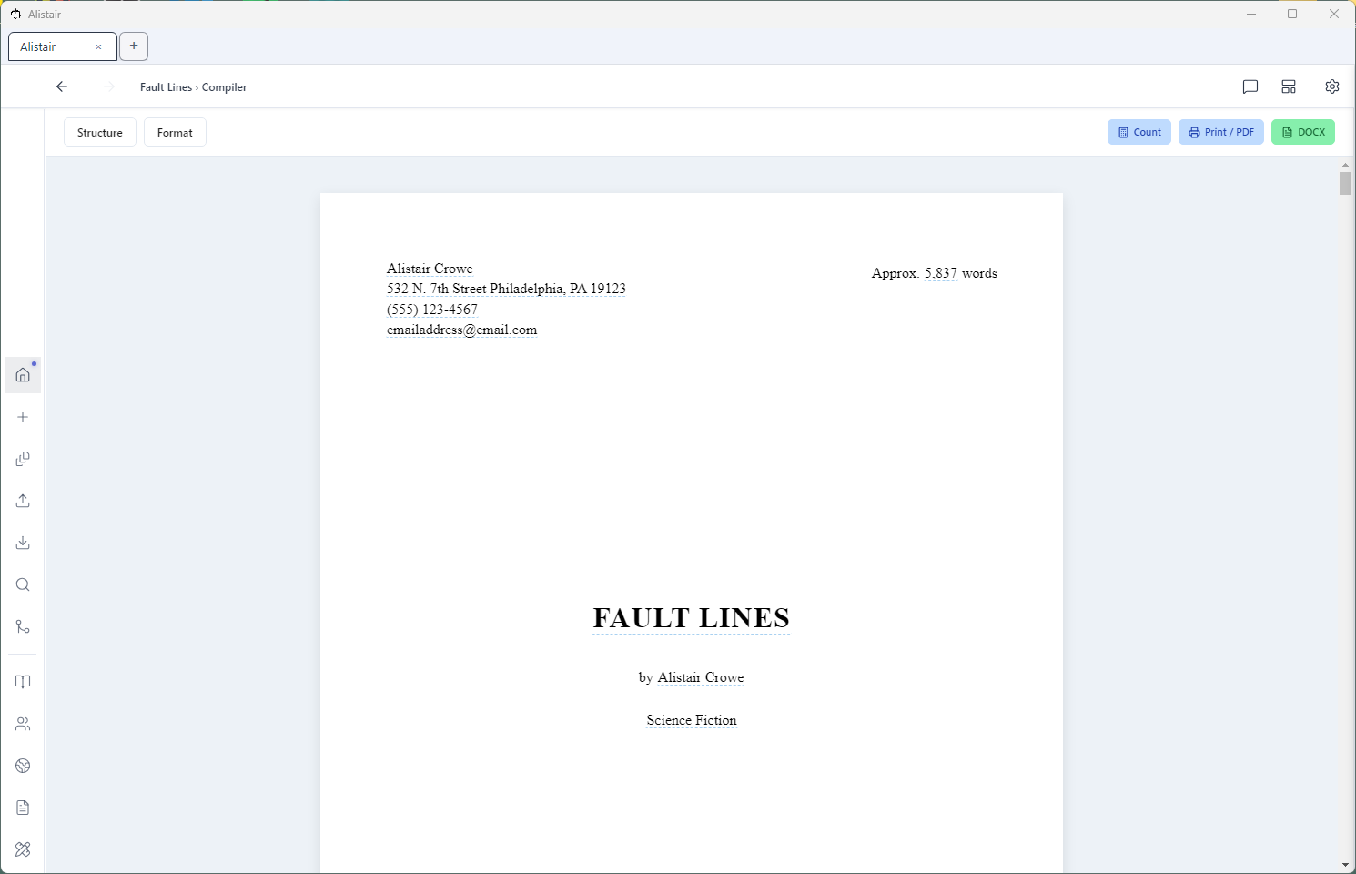 Alistair compiler showing a formatted manuscript title page ready for export