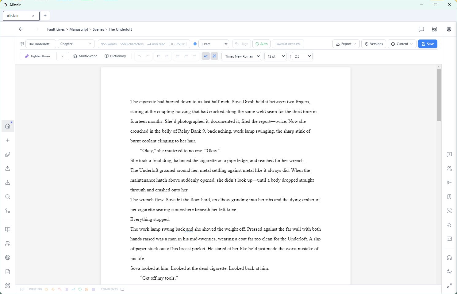Alistair manuscript editor showing a chapter in progress with formatting toolbar