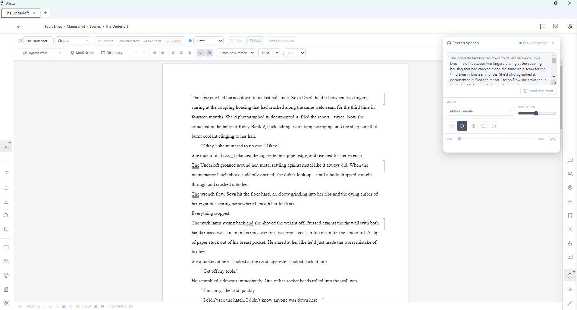 Alistair text to speech panel with voice selection, speed control, and playback bar