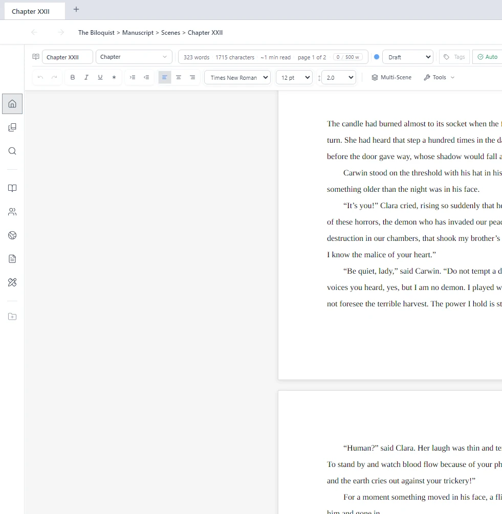 A chapter of The Biloquist open in the manuscript editor