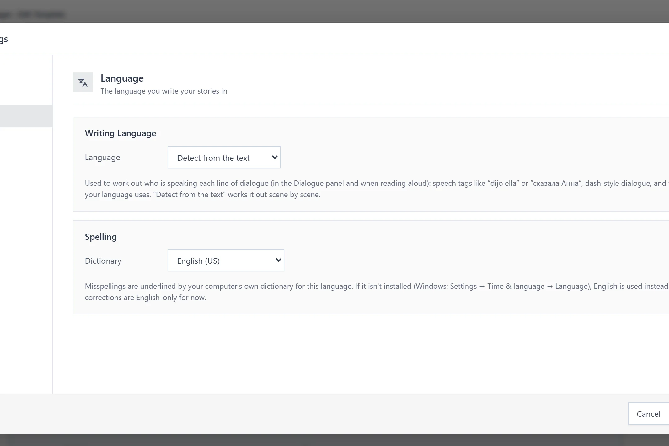 Settings, Language: choose the language you write in, or detect it from the text, with offline spelling dictionaries