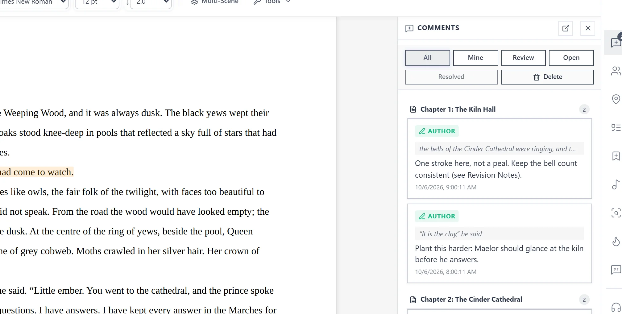 Alistair manuscript editor with the Comments panel open in the right sidebar