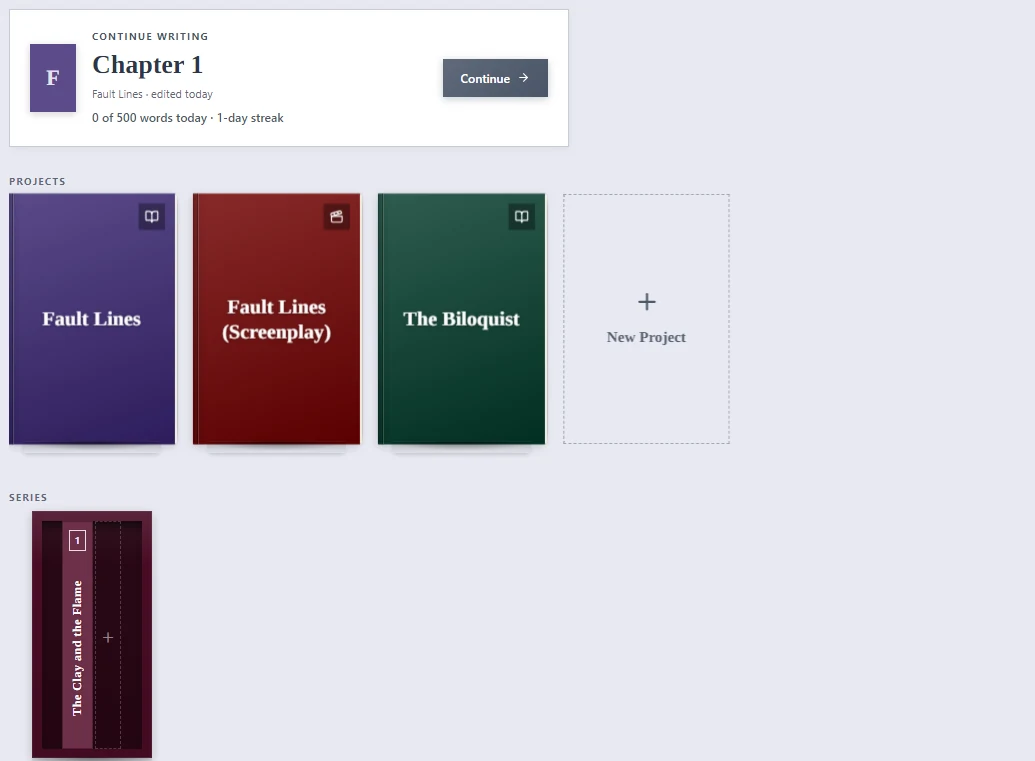 The projects screen: Continue Writing, books on the shelf and a series box set