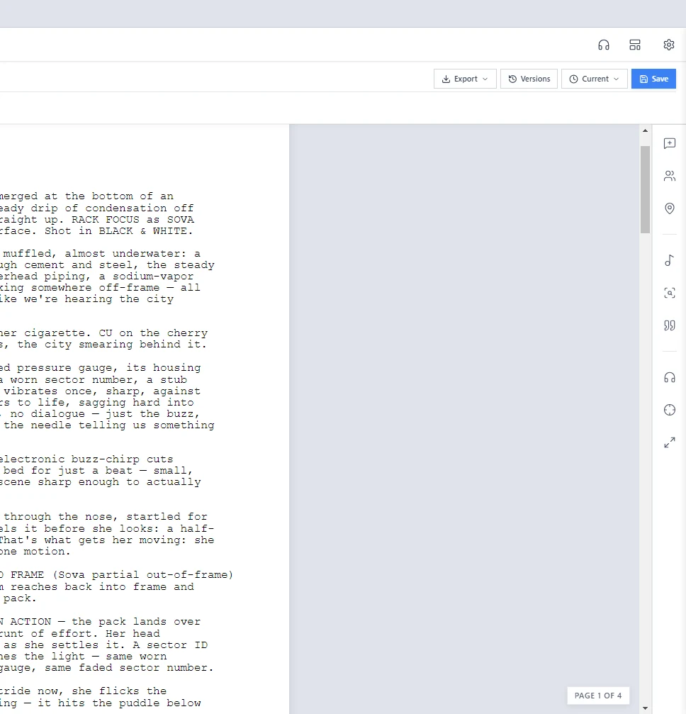 Further down the screenplay page, with its page count and the side bars