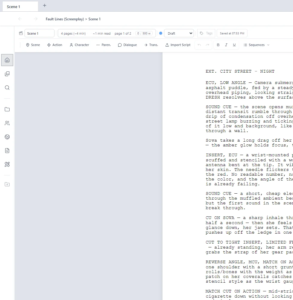 Fault Lines open in the screenplay editor: a scene heading, action and sound cues