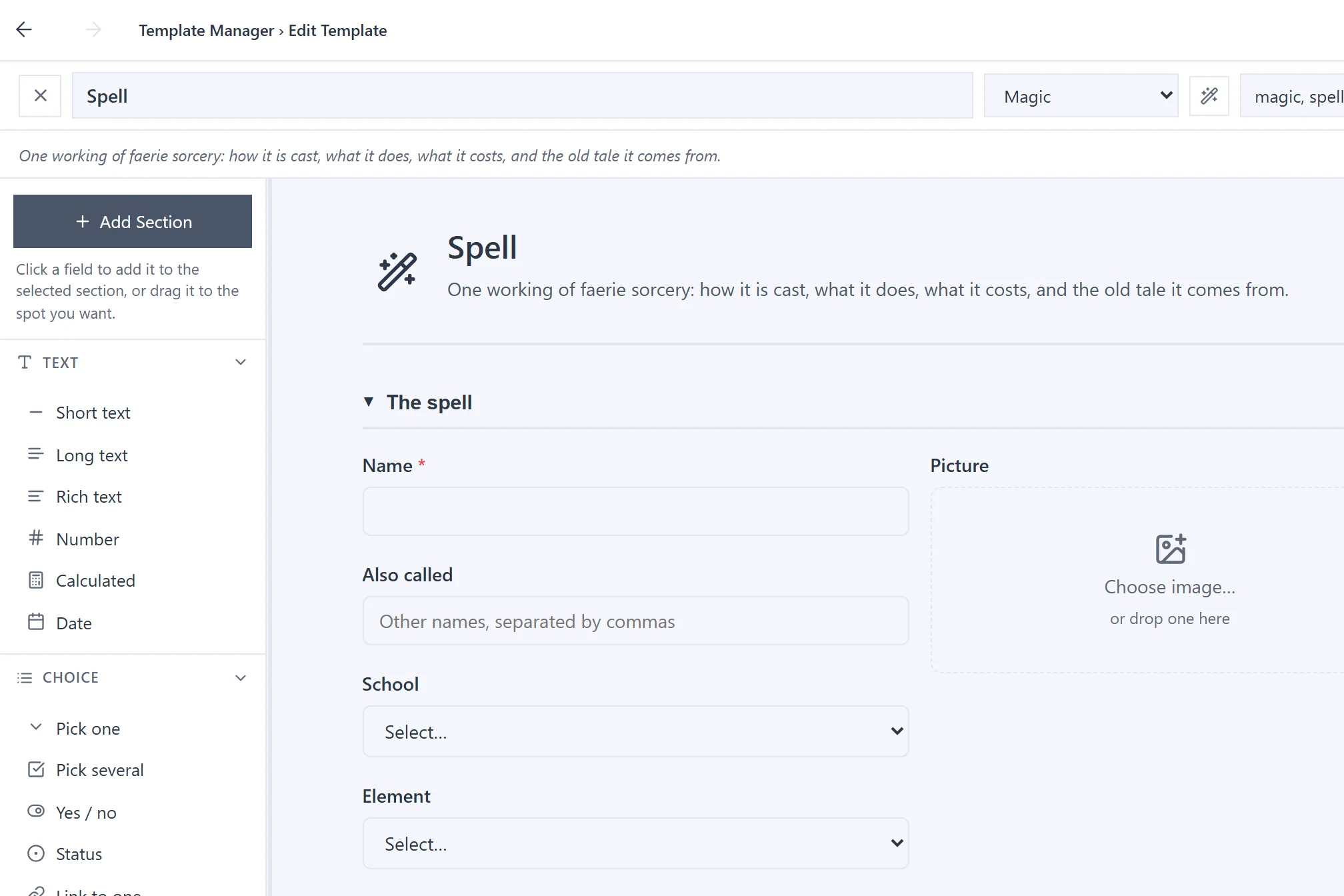 The visual builder editing the Spell template: fields dragged onto the page