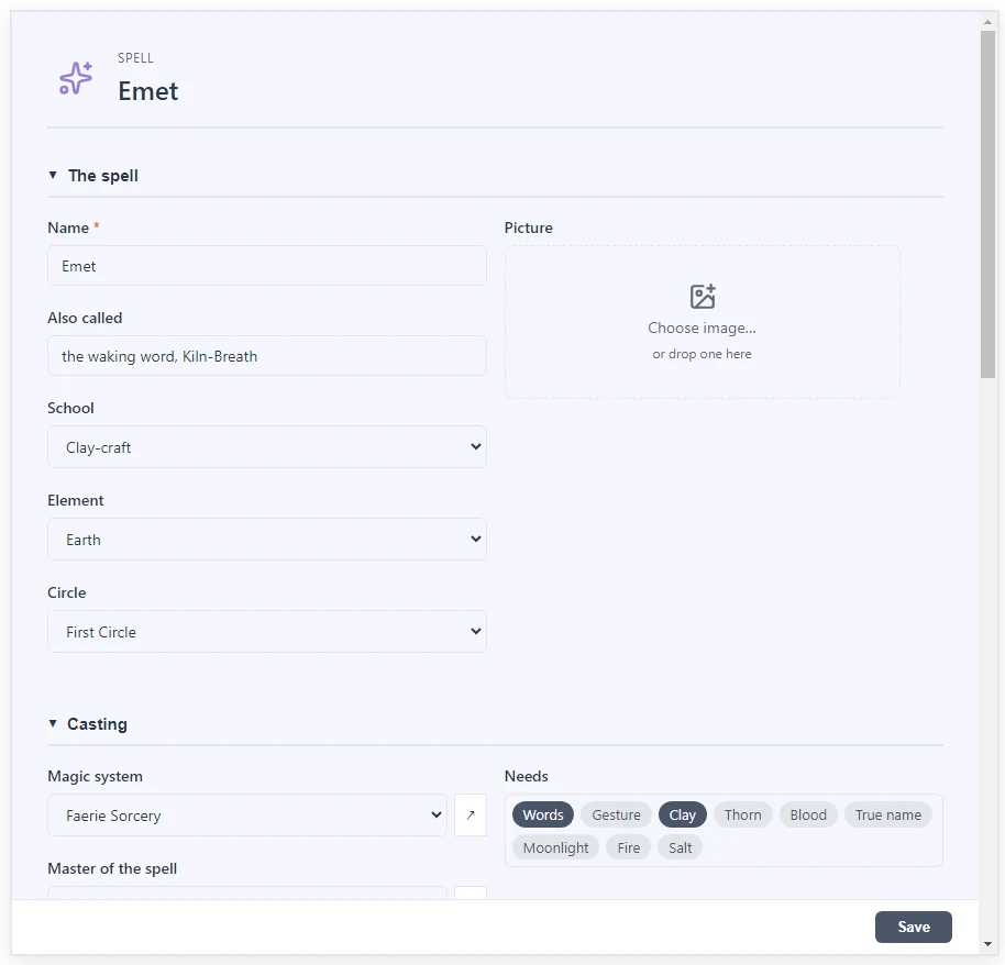 A Spell document made from a custom template: its name, school, element and casting