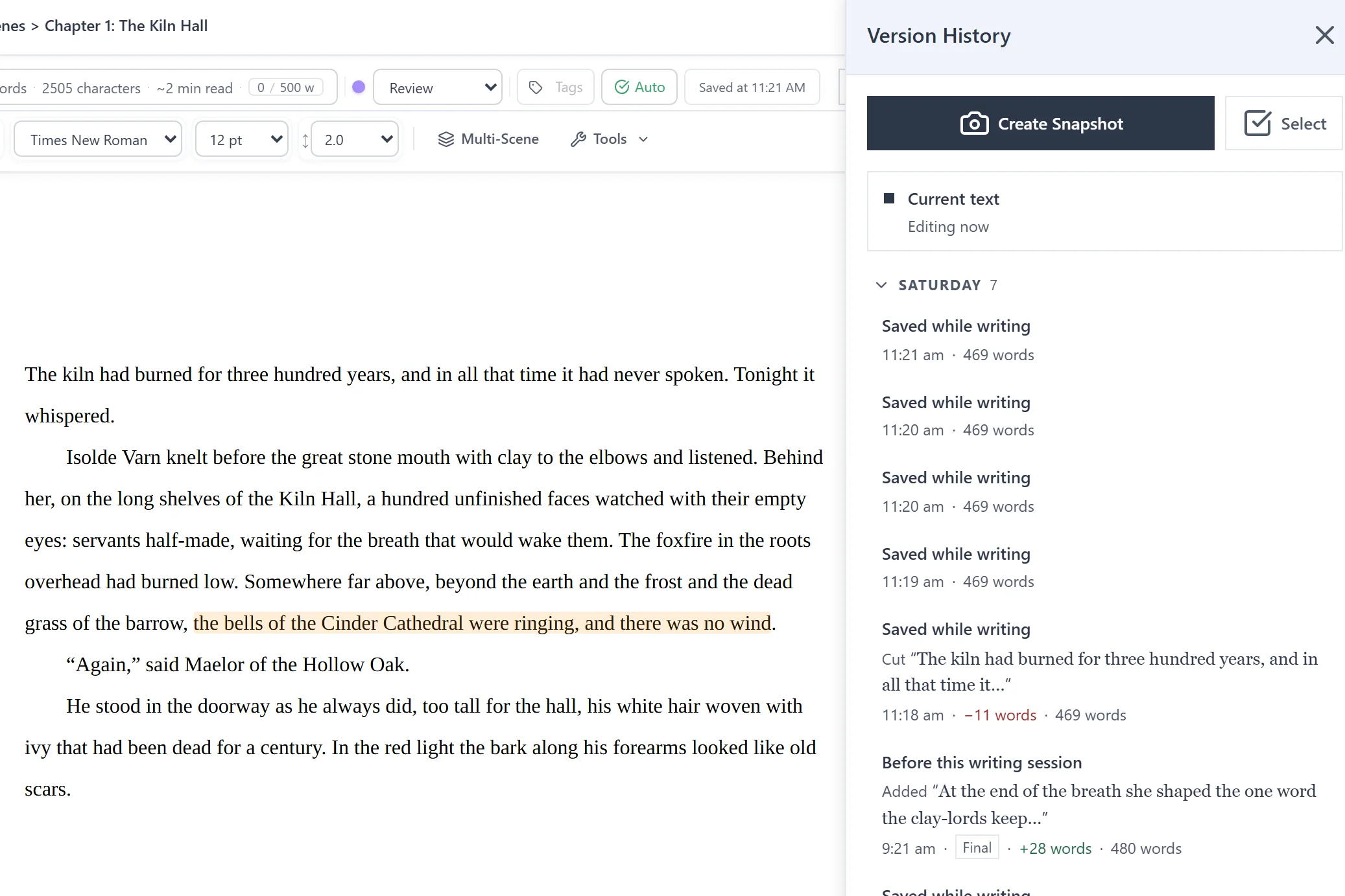 Version history beside a chapter: every save while writing, with the words it added or cut